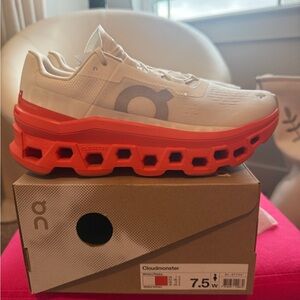 On Cloudmonster White and Orange Sneakers in excellent condition!